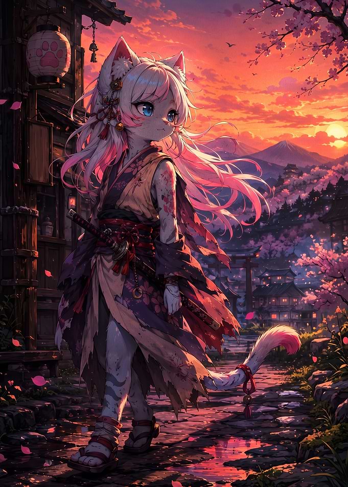 Cat Girl Samurai at Sunset