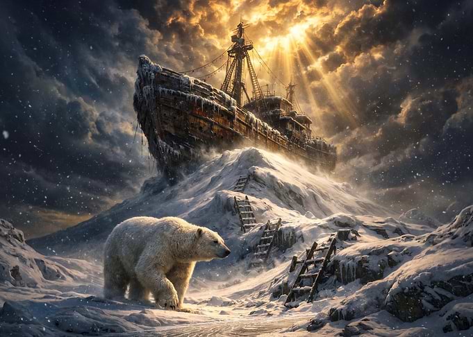Polar Bear and Shipwreck in Arctic
