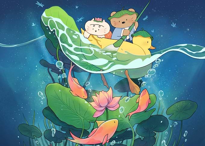 Cute Animals Boating on Lotus Pond