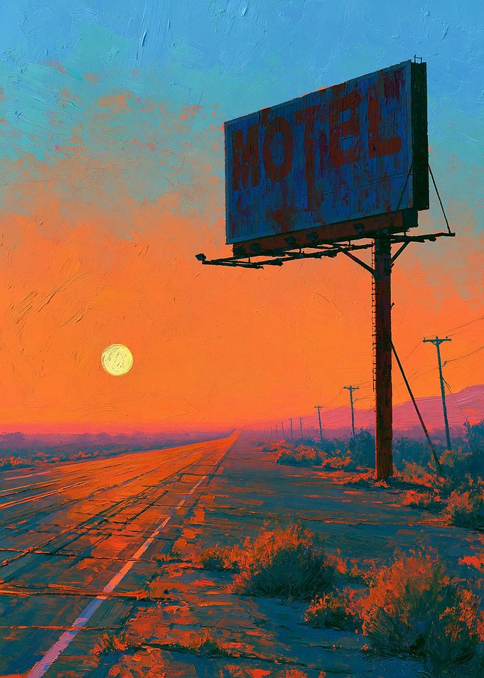 Lonely Desert Motel Road at Orange Sunset