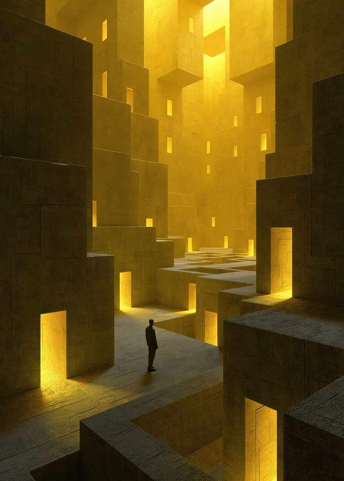 Solitary Figure in Golden Labyrinth
