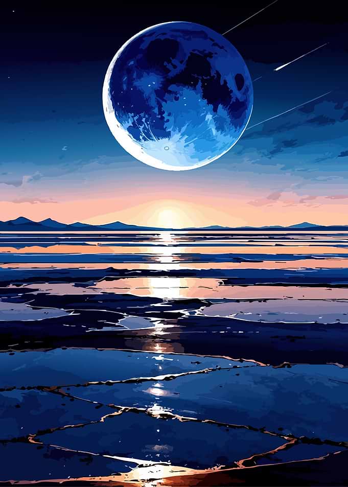 Giant Moon Over Reflective Landscape