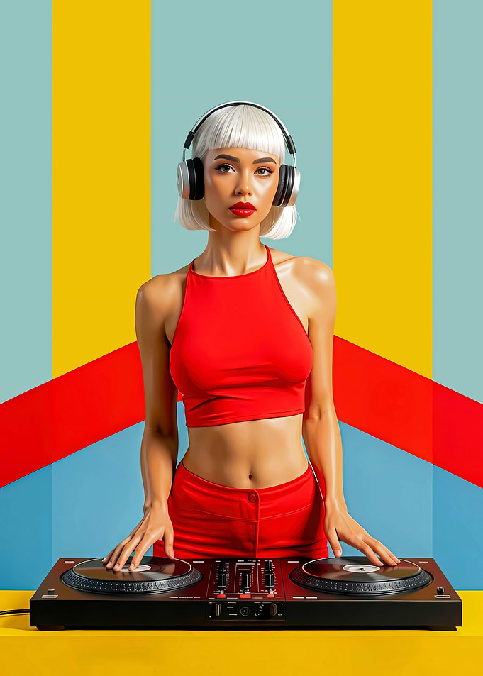 Stylish DJ with Headphones and Turntables