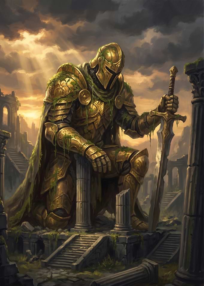 Golden Knight Kneeling in Ancient Ruins