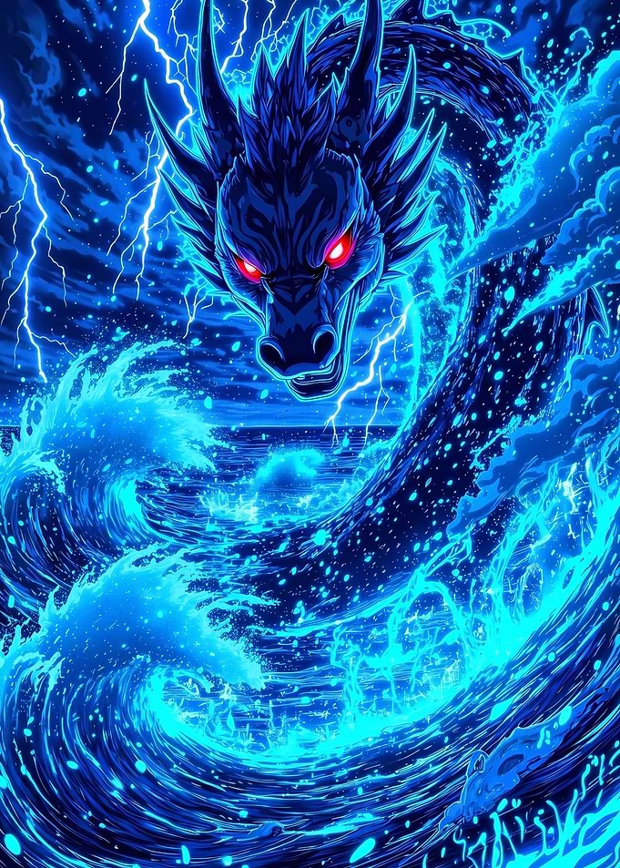 Blue Lightning Dragon Over Ocean