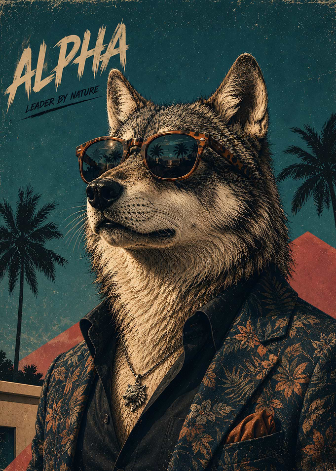 Alpha Wolf Tropical Retro Poster