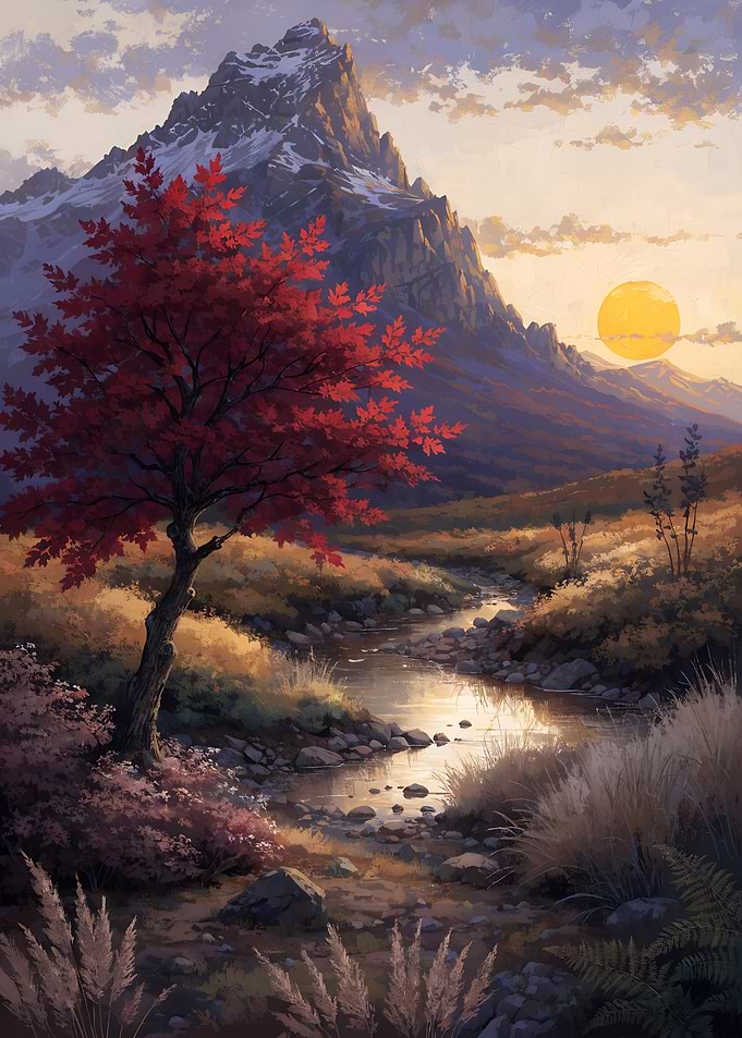 Red Tree Mountain Sunset Landscape