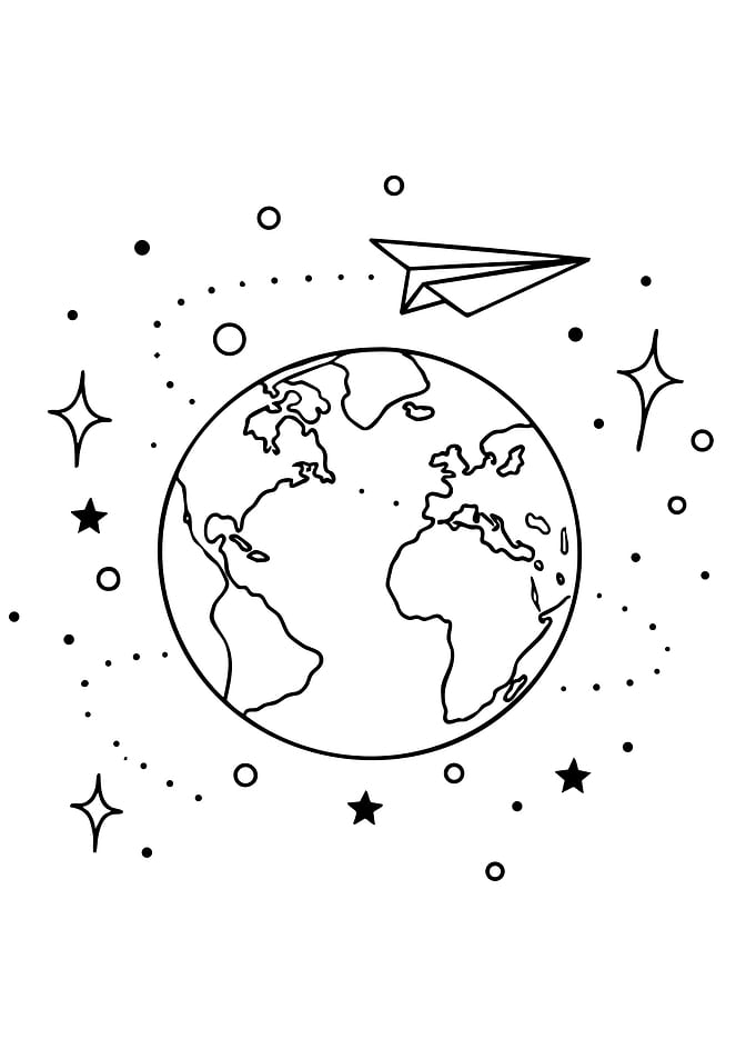 Paper Plane Orbiting Earth Line Art