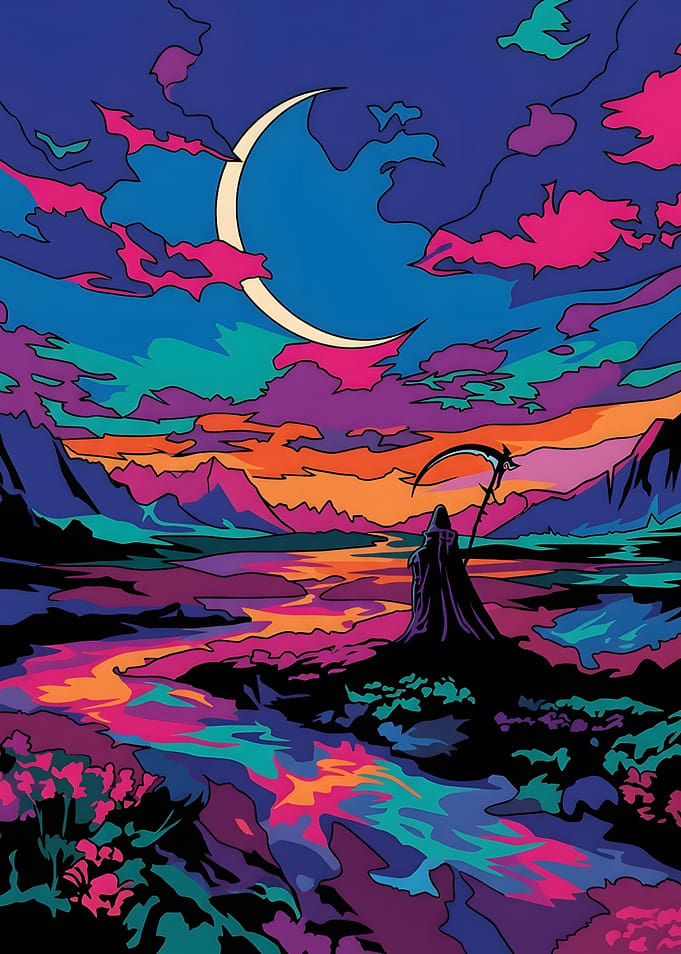 Grim Reaper Under Crescent Moon