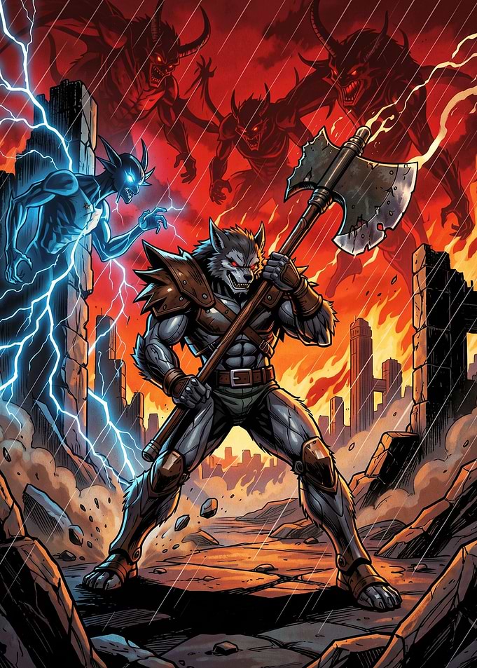 Werewolf Warrior in Apocalyptic Battle