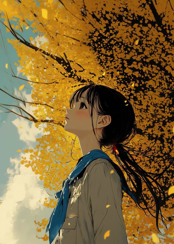Anime Girl Under Autumn Ginkgo Tree