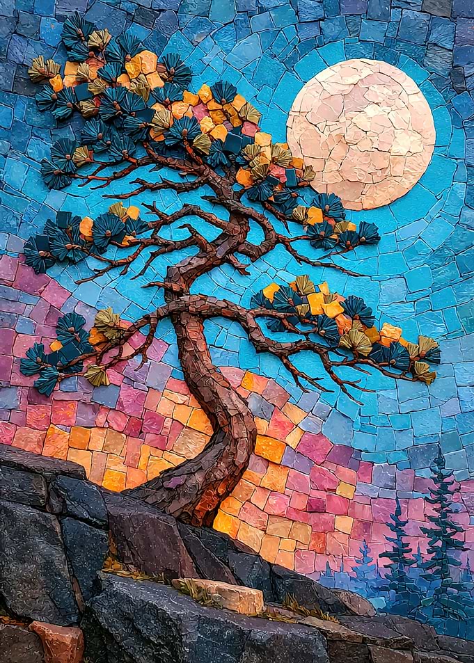 Mosaic Bonsai Tree Under Full Moon