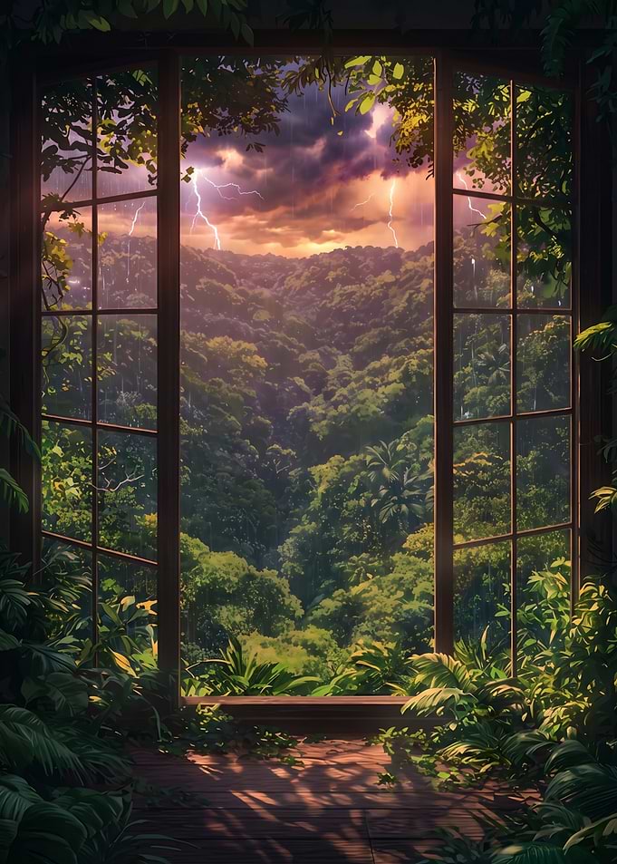 Stormy Jungle View Through Window