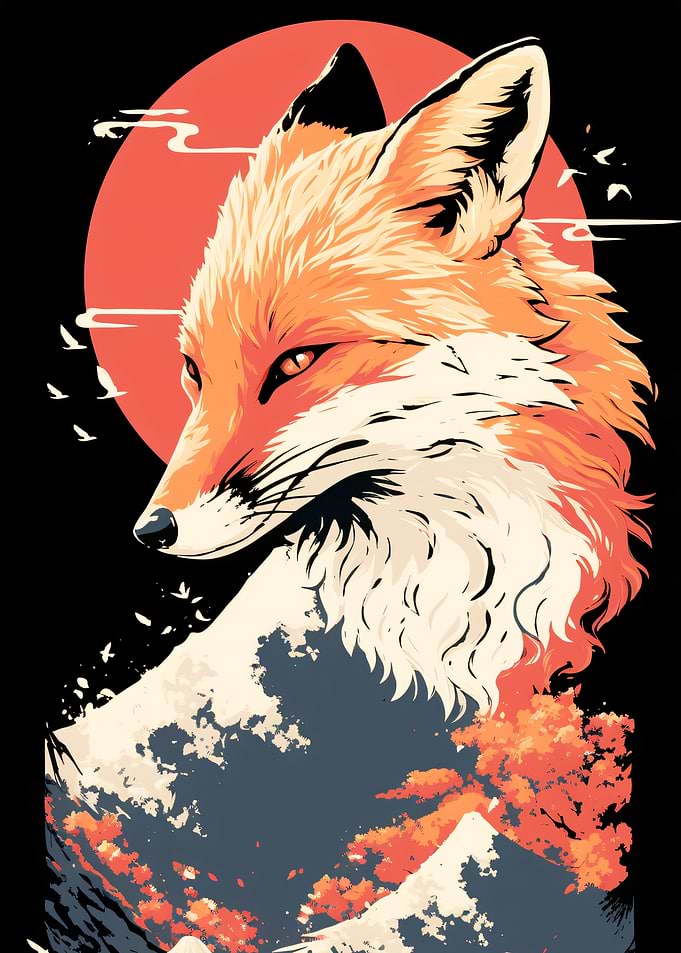 Japanese Style Fox Mountain Illustration