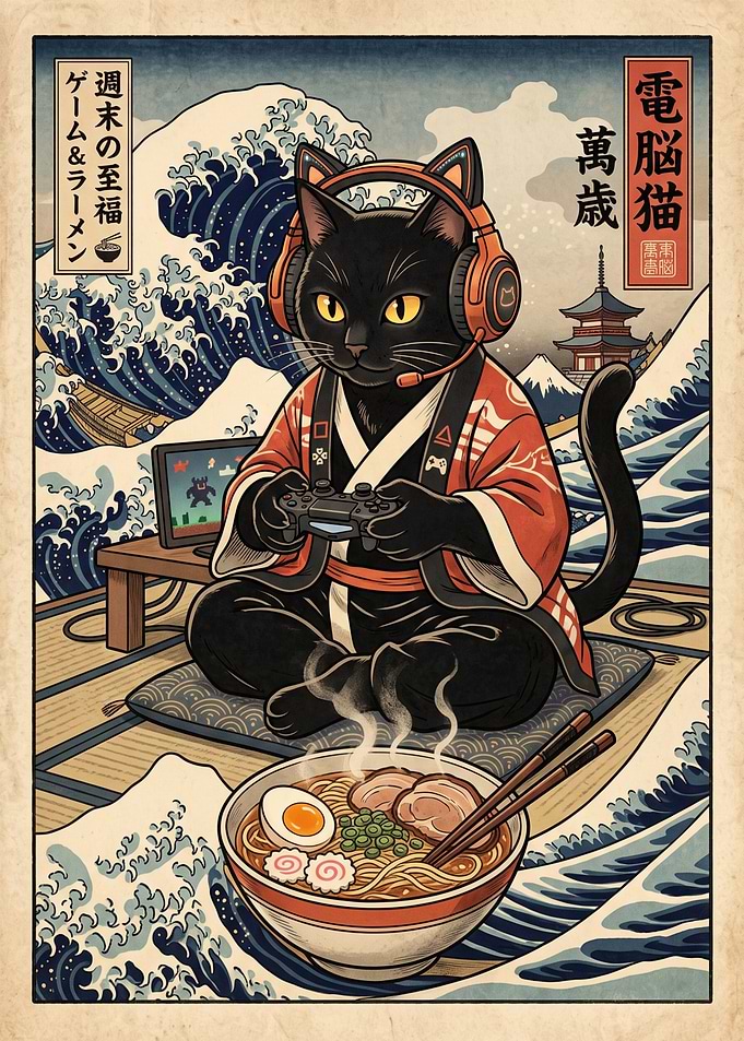 Gaming Cat with Ramen Ukiyo-e Art