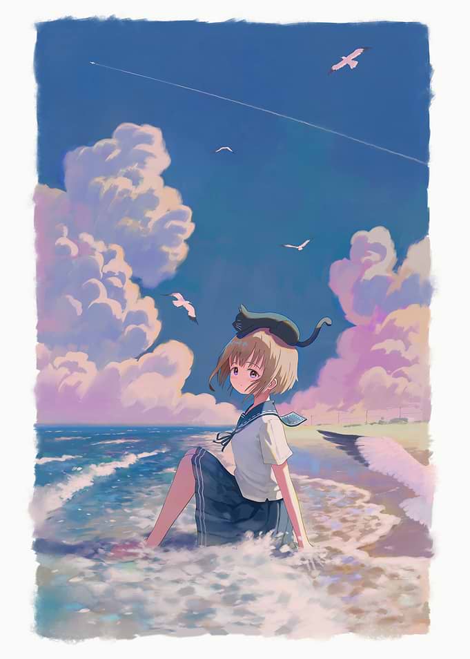 Anime girl with cat at beach