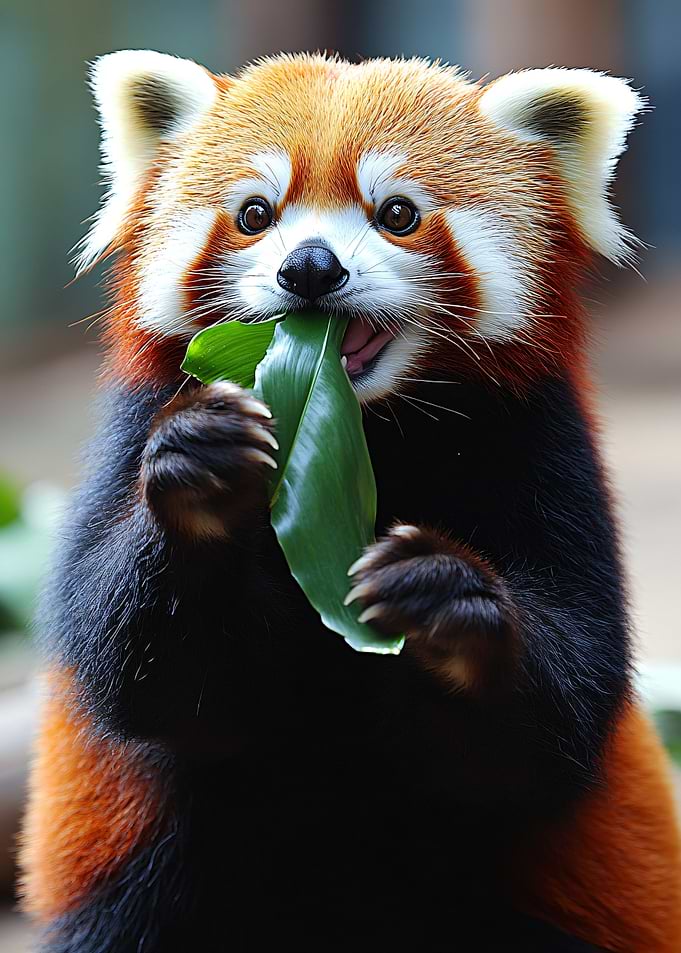 Adorable Red Panda Eating a Leaf