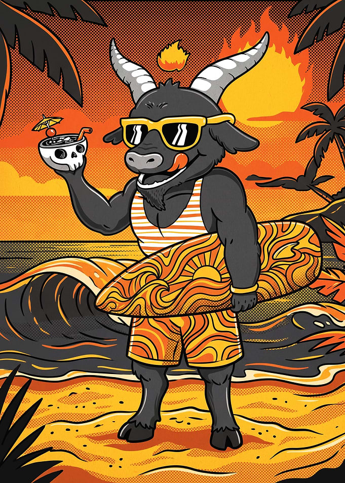 Surfing Goat Summer Beach Illustration