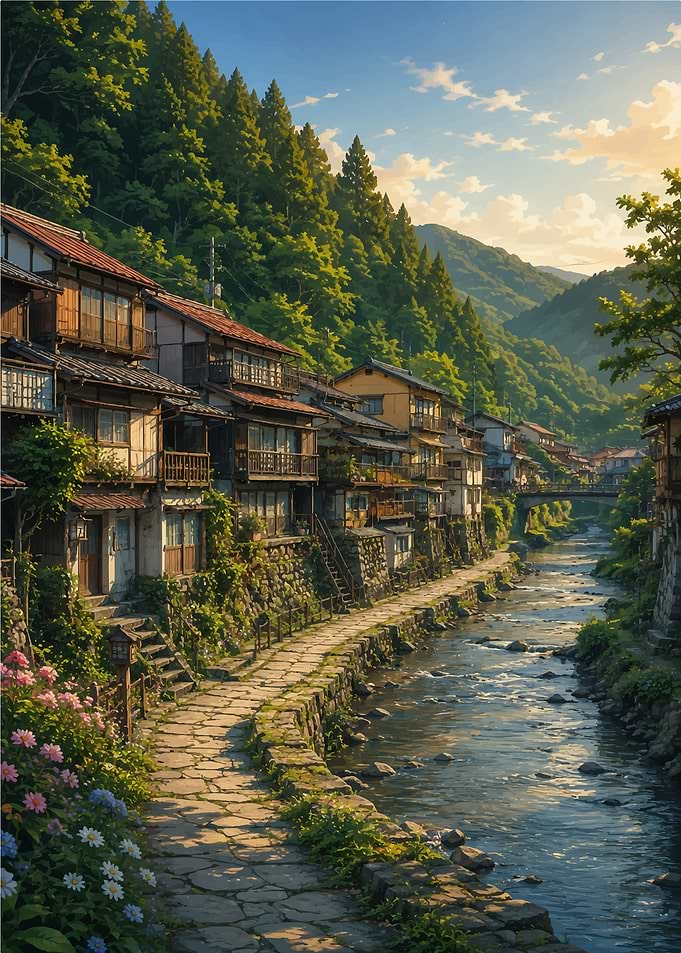Serene Japanese Riverside Village Scene