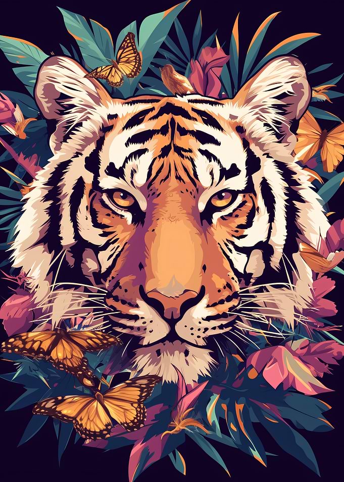 Tiger Portrait with Butterflies and Foliage