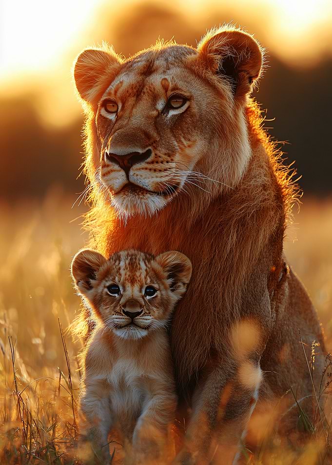 Lioness and Cub at Sunset