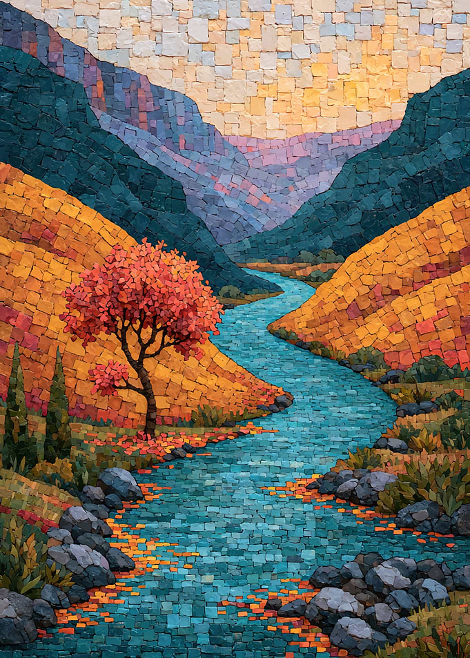 Mosaic Landscape with River and Tree
