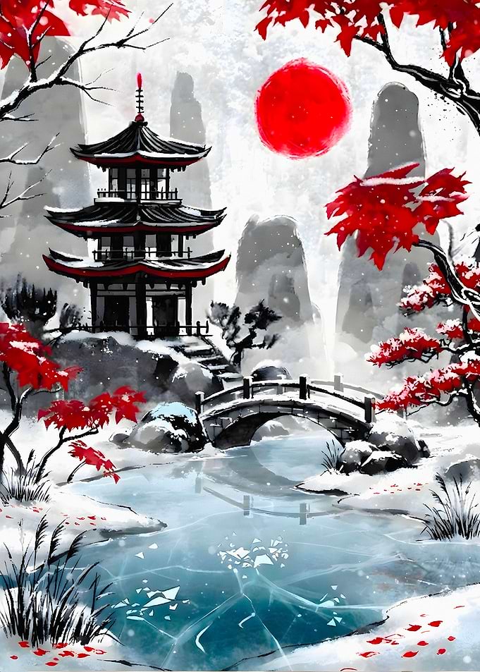 Winter Japanese Pagoda with Red Sun