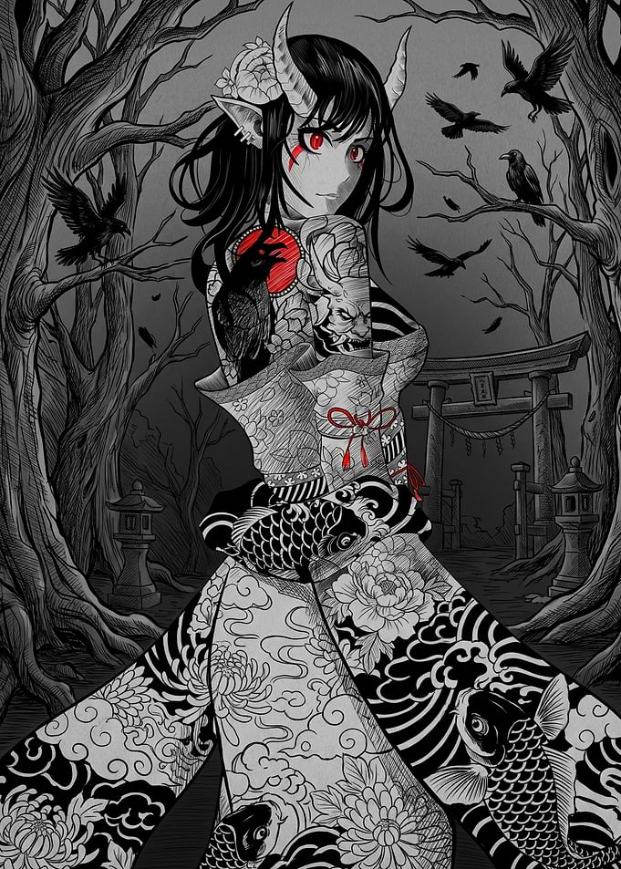 Oni Girl with Traditional Japanese Tattoos