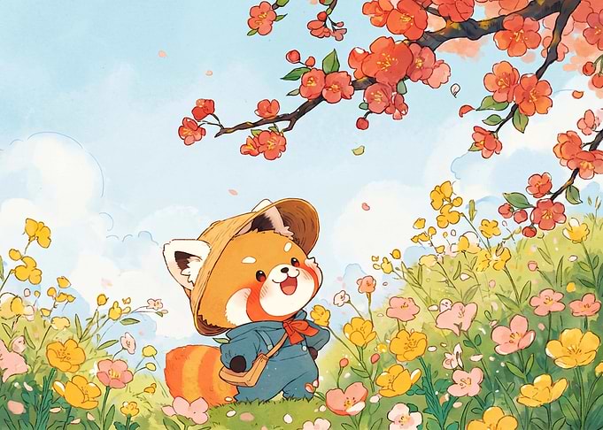 Cute Red Panda in Spring Meadow