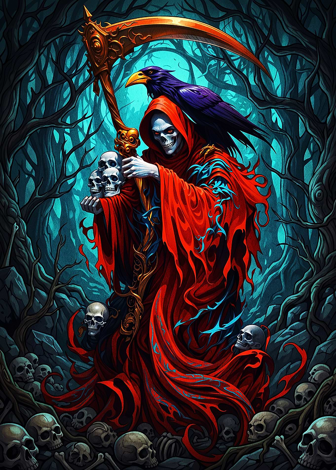 Grim Reaper with Raven and Skulls