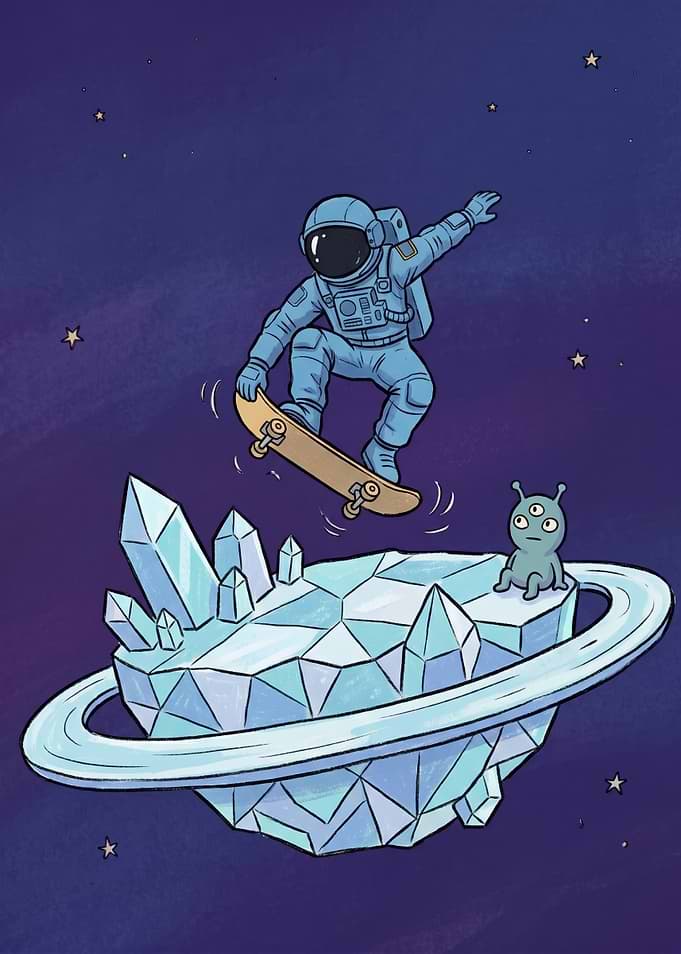 Astronaut Skateboarding on Crystal Planet