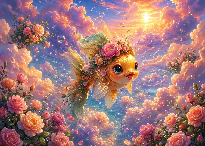 Cute Goldfish Swimming in Floral Clouds