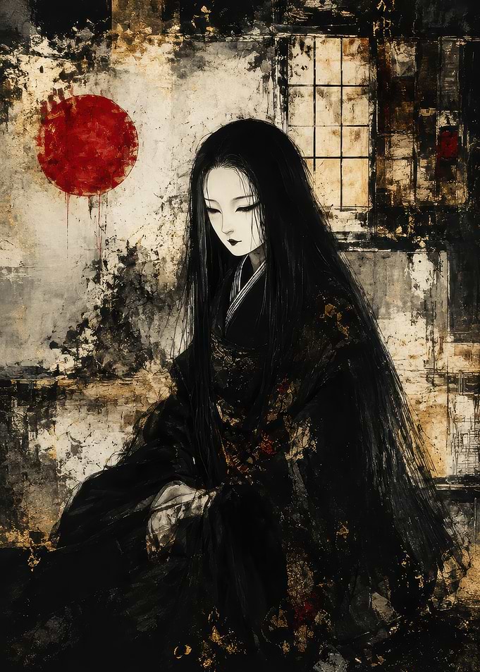 Melancholic Woman in Traditional Japanese Attire