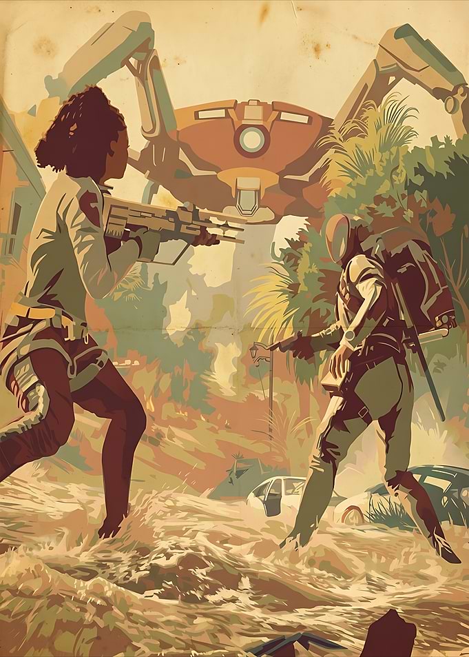 Sci-Fi Soldiers Fighting Giant Mech