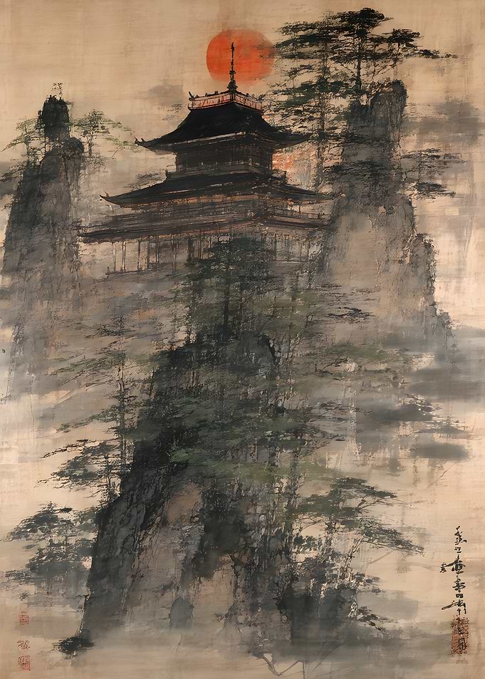 Traditional Ink Wash Painting of Pagoda