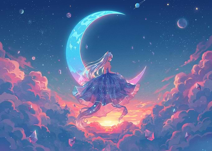 Anime Girl Sitting on Crescent Moon