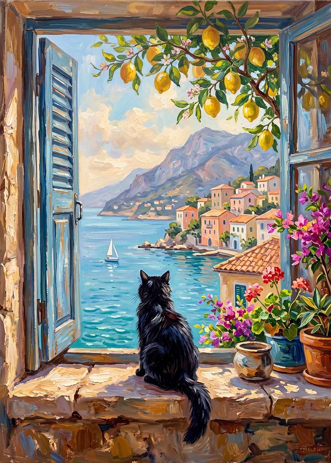 Black Cat Watching Mediterranean Coast