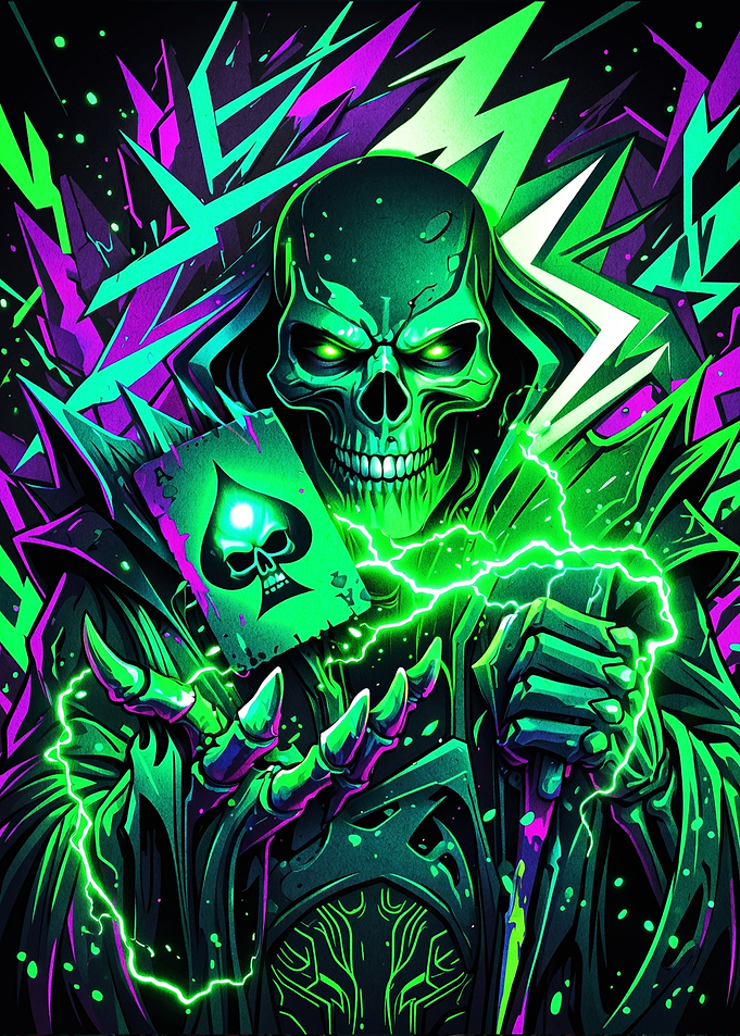 Neon Green Skeleton Holding Ace Card