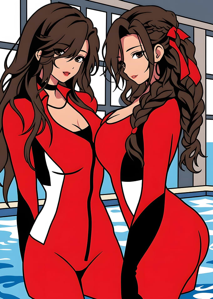 Two Anime Women in Red Swimsuits