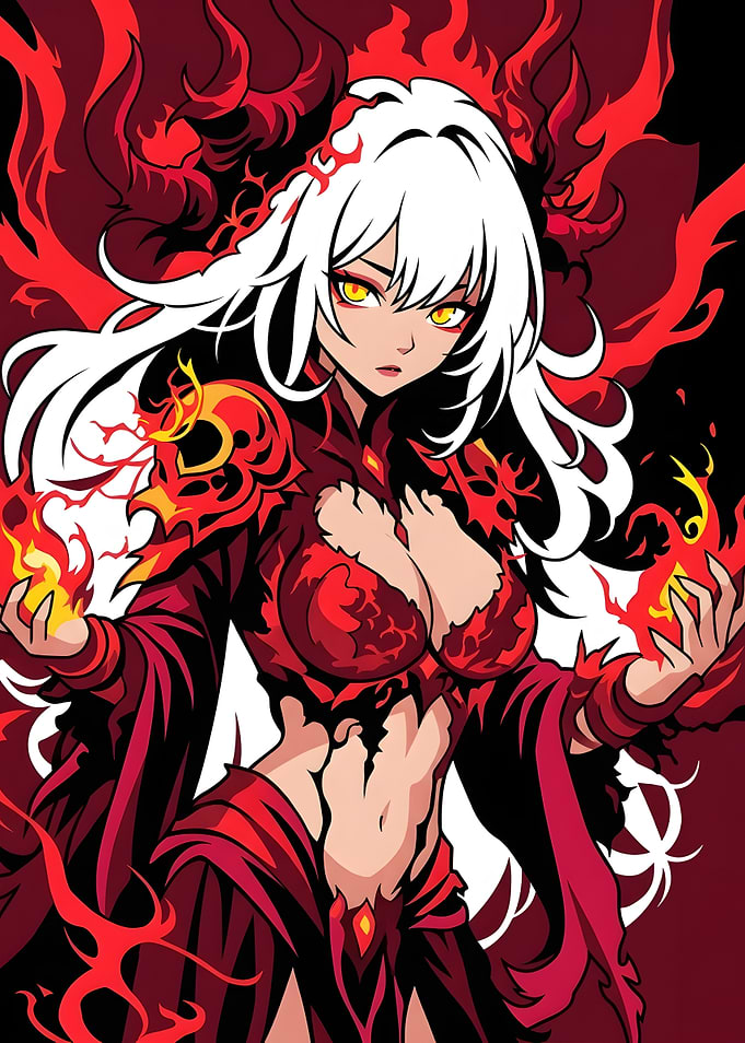 Fiery Anime Sorceress with White Hair