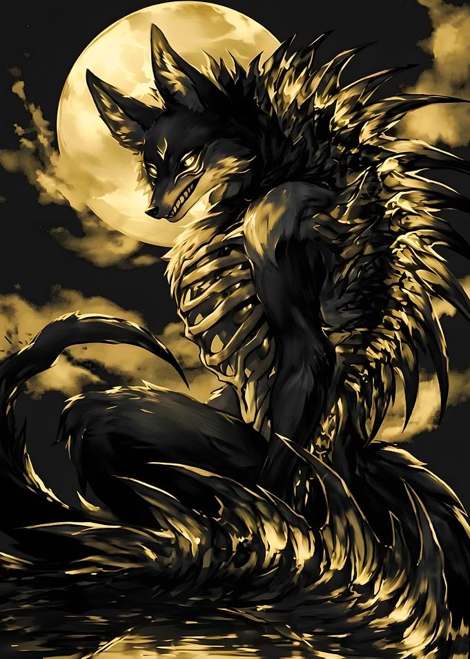 Dark Skeletal Werewolf Under Full Moon