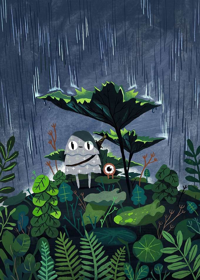 Cute Character Sheltering from Rain