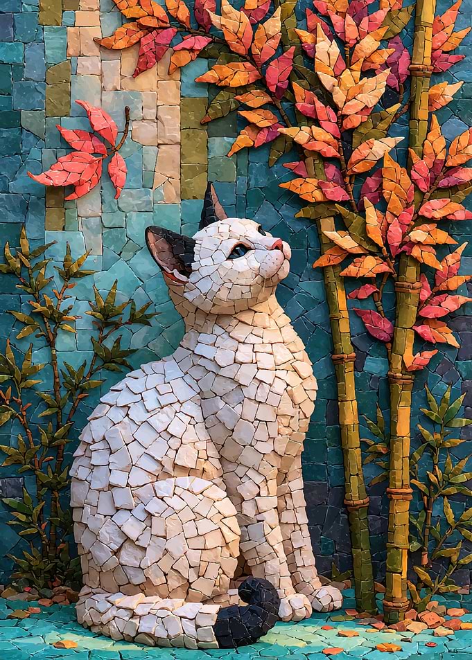 Mosaic Cat with Autumn Bamboo