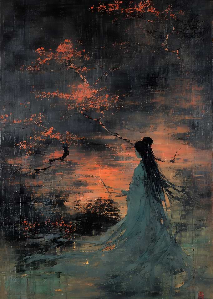 Woman in Traditional Robes at Sunset