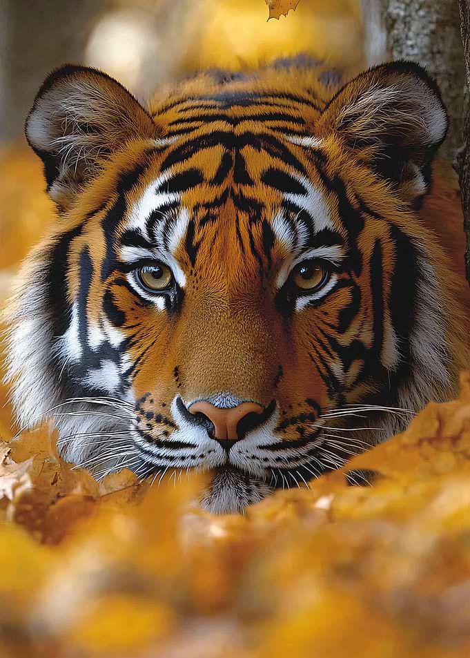 Tiger Face in Autumn Leaves