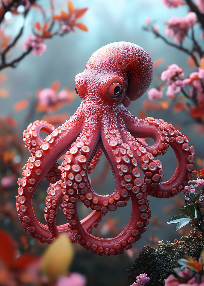 Red Octopus Amidst Cherry Blossoms