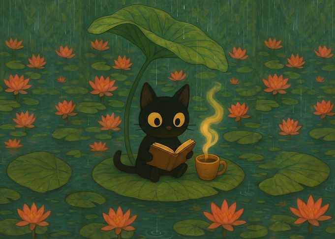Black Cat Reading Under Lotus Leaf