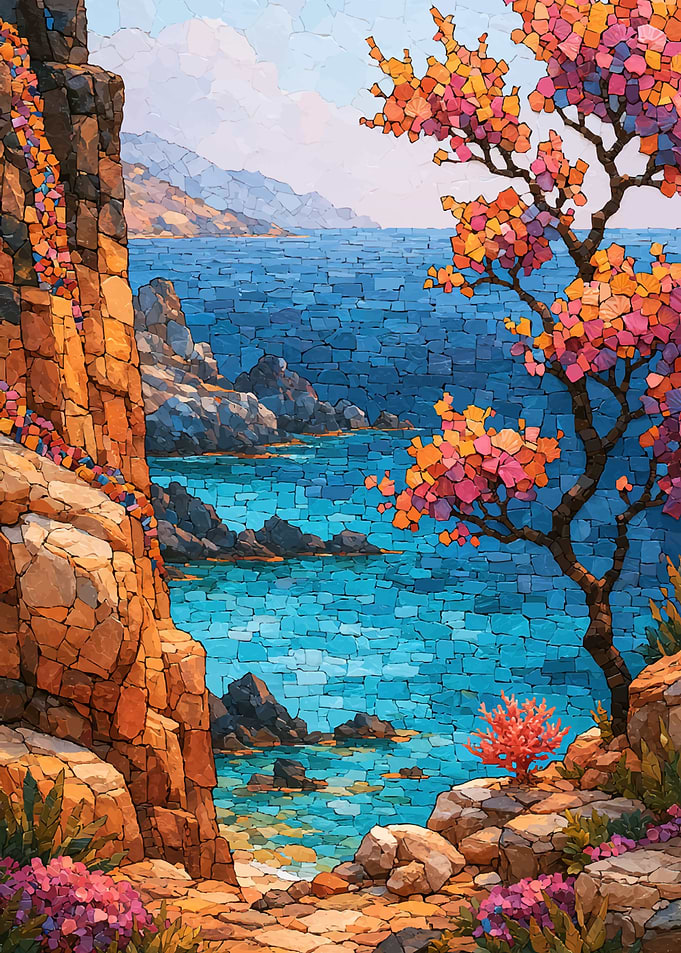 Mosaic Coastal Landscape with Flowering Tree