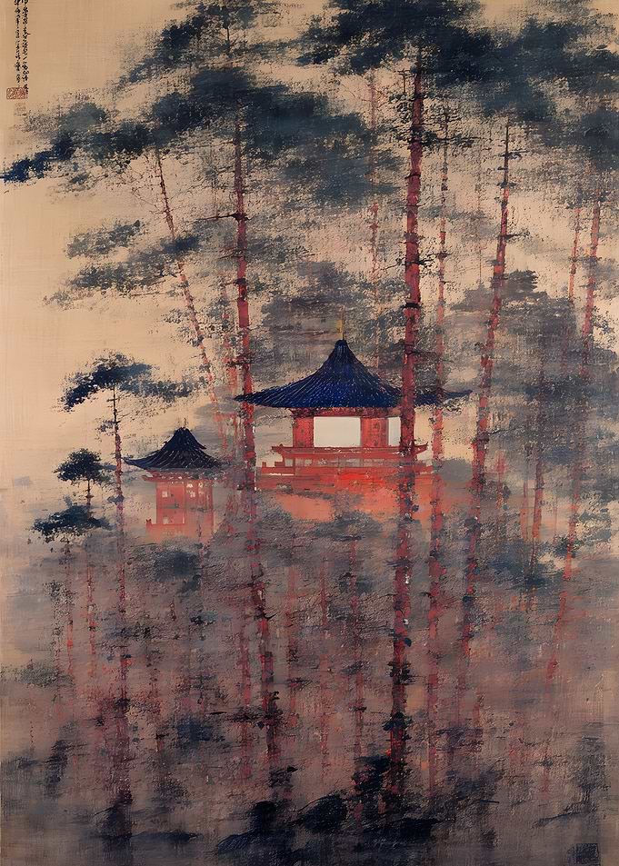 Traditional Japanese Temple in Pine Forest