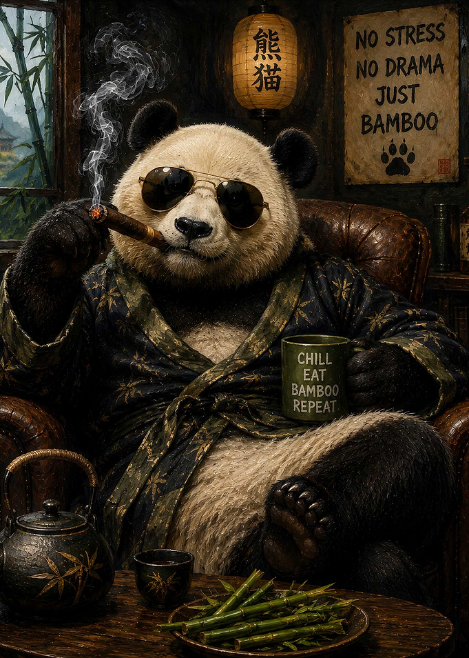 Cool Panda Relaxing with Bamboo